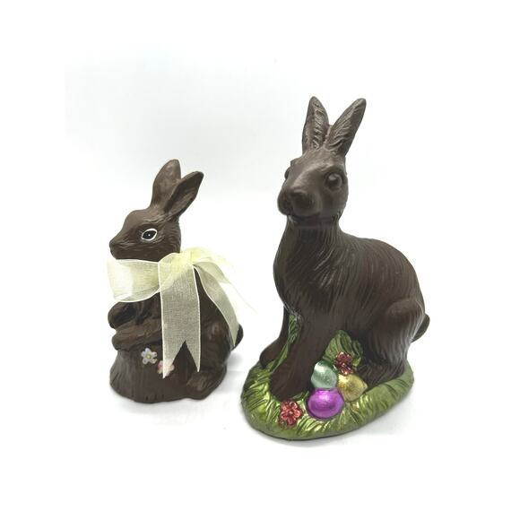 Chocolate Faux Easter Bunny Rabbits Resin Figures Spring Yellow Bow 2 Pair - Picture 1 of 7